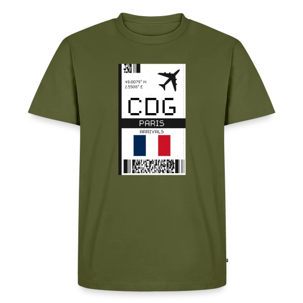 Maquette de T-shirt Premium bio Homme « Billet d'Avion Paris CDG » à personnaliser