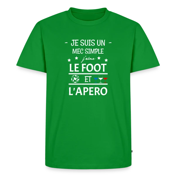 Maquette de T-shirt Premium bio Homme « Je Suis Un Mec Simple : Foot et Apéro » à personnaliser