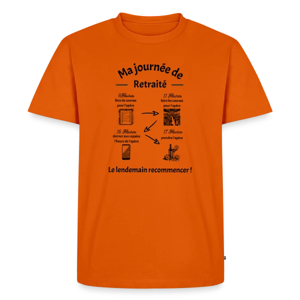 Maquette de T-shirt Premium bio Homme « Joyeuse Retraite - Nouvelle Vie, Plus de Loisirs » à personnaliser