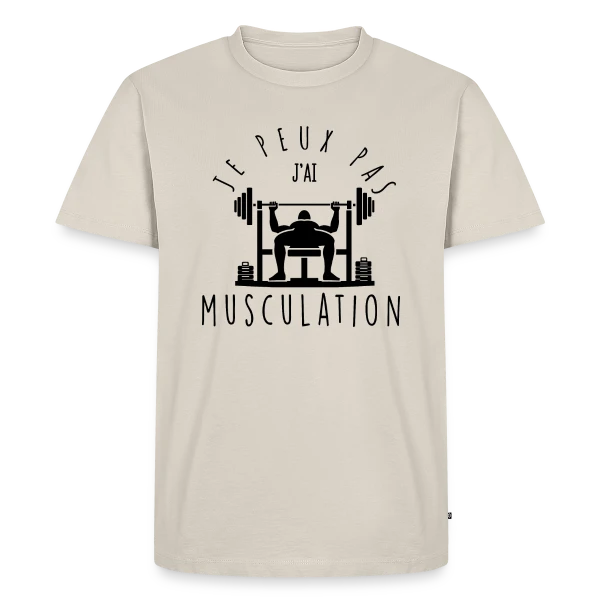 Maquette de T-shirt Premium bio Homme « Humour Musculation: Je Peux Pas, J'ai Muscu » à personnaliser