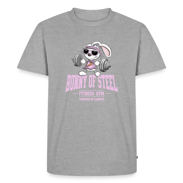 Maquette de T-shirt Premium bio Homme « Lapin Fitness - Entraînement 'Powered by Carrots' » à personnaliser