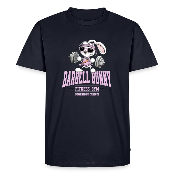 Maquette de T-shirt Premium bio Homme « Lapin Fitness Musculation - 'Powered by Carrots' » à personnaliser