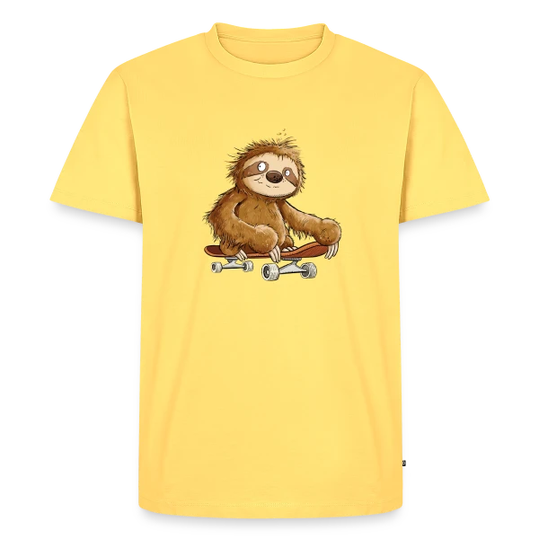 Maquette de T-shirt Premium bio Homme « Paresseux Skateboarder Cartoon - Relax et Style » à personnaliser