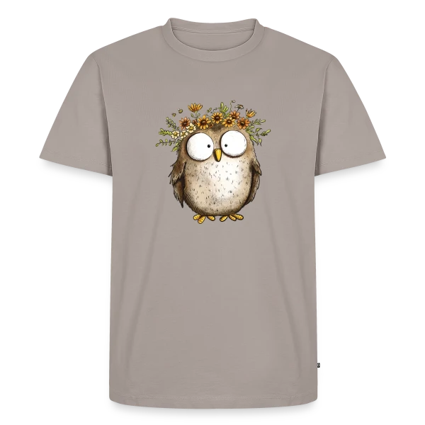 Maquette de T-shirt Premium bio Homme « Hibou avec Couronne de Fleurs Sauvages - Style Cottagecore » à personnaliser