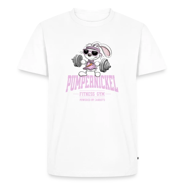 Maquette de T-shirt Premium bio Homme « Lapin Costaud 'Pumpernickel Girl' - Fitness Humoristique » à personnaliser