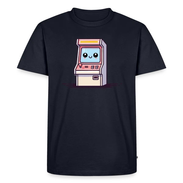 Maquette de T-shirt Premium bio Homme « Borne d'Arcade Kawaii : Sourire Rétro Gaming » à personnaliser