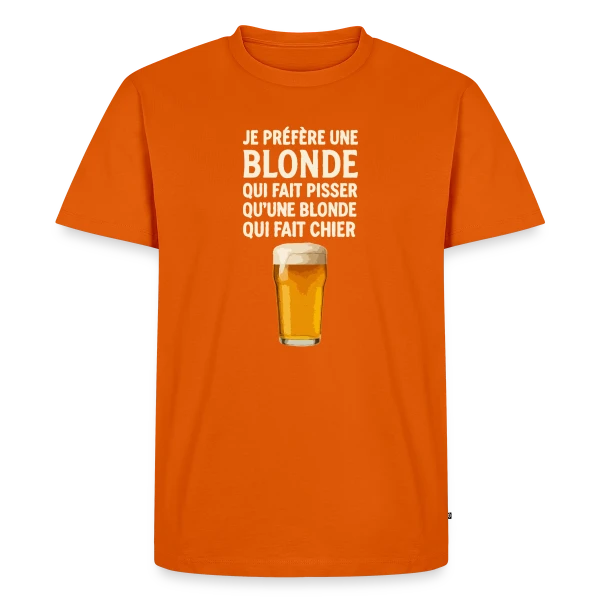 Maquette de T-shirt Premium bio Homme « Je Préfère Une Blonde : Humour de Bistrot & Bière » à personnaliser