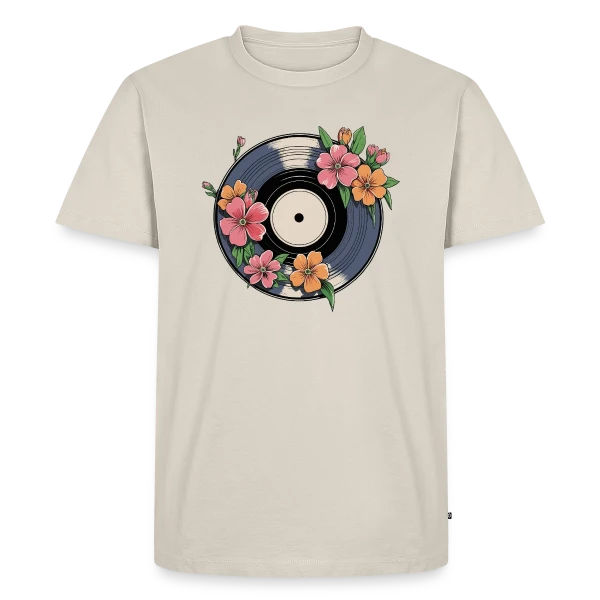 Maquette de T-shirt Premium bio Homme « Vinyle Fleuri Rétro Artistique » à personnaliser