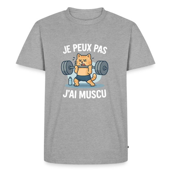 Maquette de T-shirt Premium bio Homme « Je Peux Pas, J'ai Muscu ! Chat Bodybuilder Humour » à personnaliser