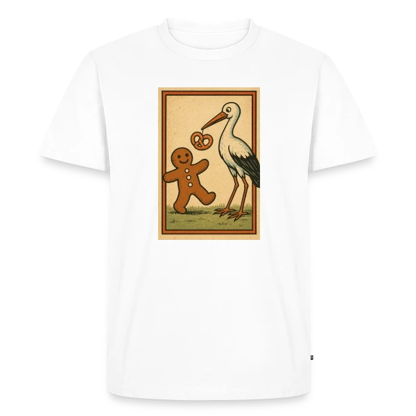 Maquette de T-shirt Premium bio Homme « Cigogne et Mannele Alsacien » à personnaliser