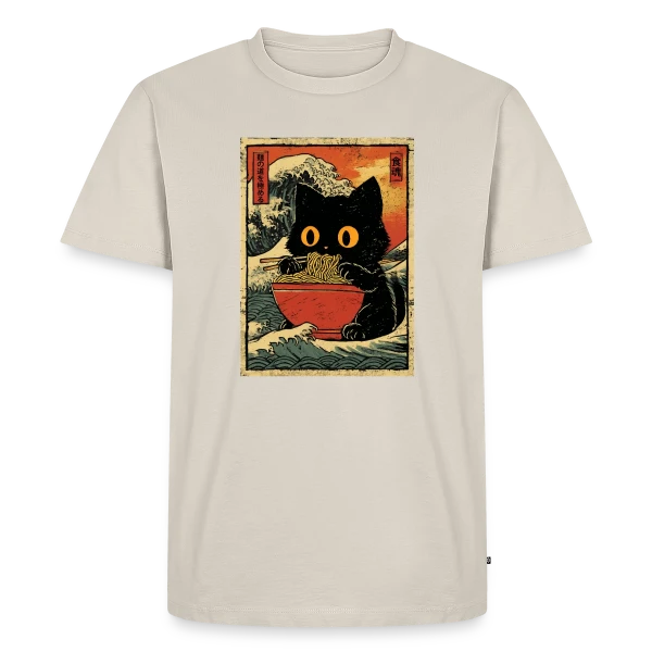 Maquette de T-shirt Premium bio Homme « Chat Ramen et Vague Japonaise : L'Art Kawaii » à personnaliser