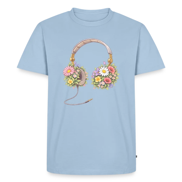 Maquette de T-shirt Premium bio Homme « Casque Audio Fleuri - Harmonie Musicale et Naturelle » à personnaliser