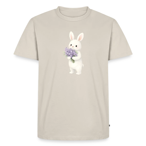 Maquette de T-shirt Premium bio Homme « Lapin dans les Lilas - Douceur Printanière » à personnaliser