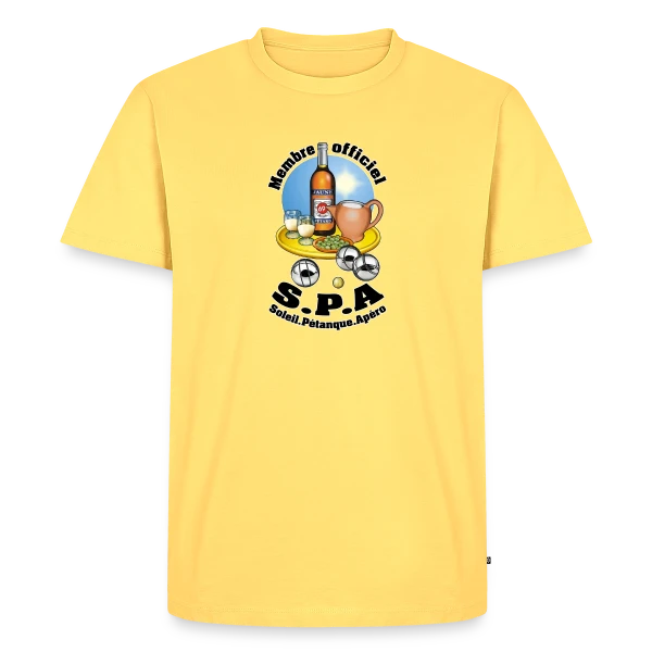 Maquette de T-shirt Premium bio Homme « Club S.P.A : Soleil, Pétanque, Apéro ! » à personnaliser