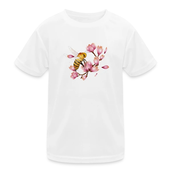 Abeille Volante et Magnolias – Dessin Main Élégant sur T-shirt sport Enfant