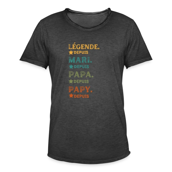 Légende Personnalisée : Mari, Papa, Papy Depuis [Année] sur T-shirt vintage Homme