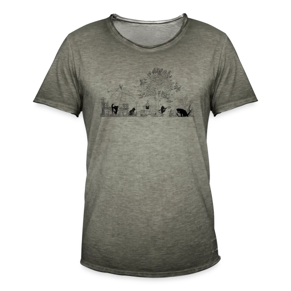 Jardin Luxuriant et Chats Noirs - Dessin Monochrome sur T-shirt vintage Homme