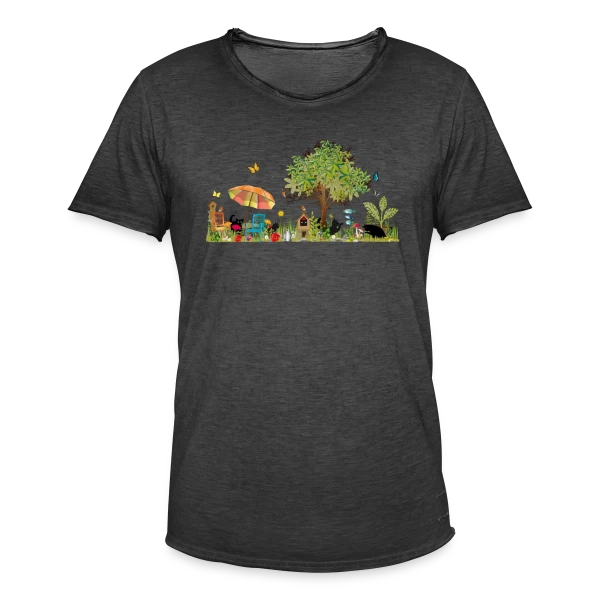 Jardin luxuriant et Chats Noirs - Illustration Poétique sur T-shirt vintage Homme