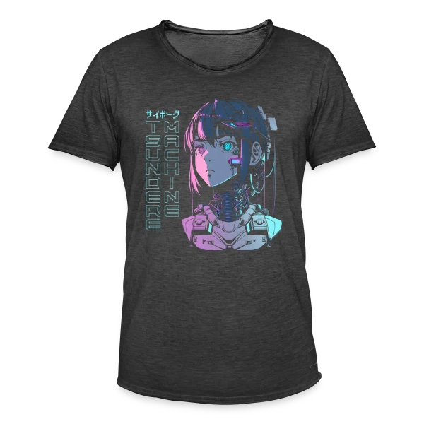 Tsundere Cyborg Neon Glitch Anime sur T-shirt vintage Homme