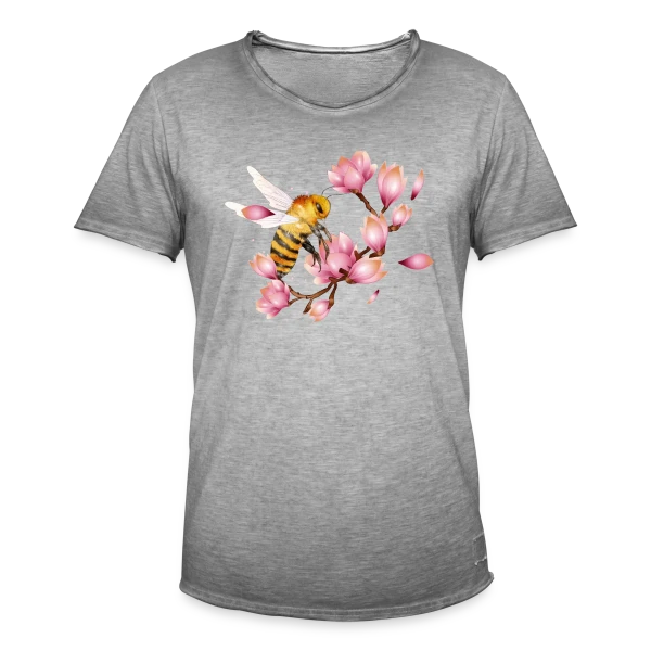 Abeille Volante et Magnolias – Dessin Main Élégant sur T-shirt vintage Homme
