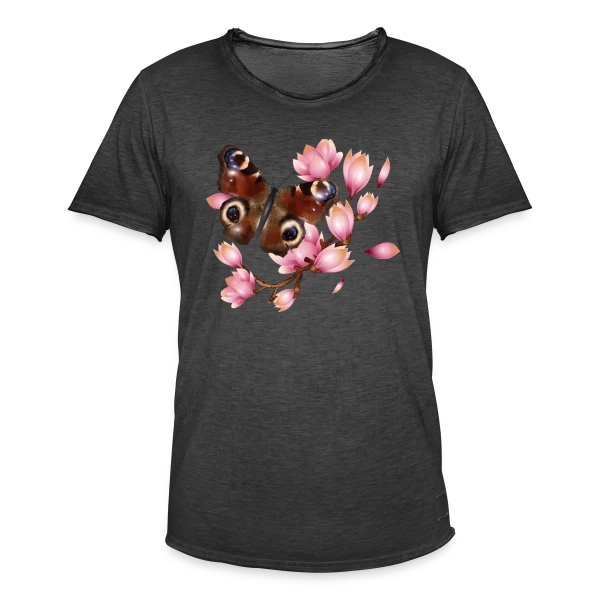 Papillon Paon et Magnolia Rose : Élégance Naturelle sur T-shirt vintage Homme
