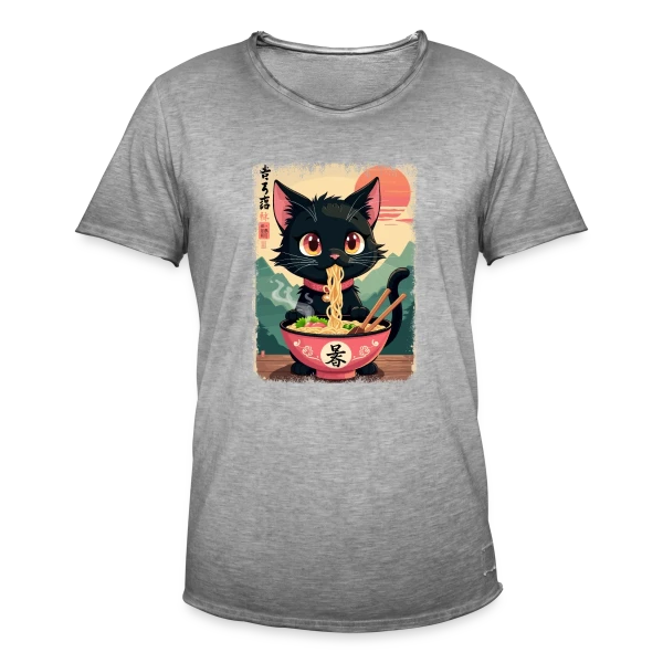Chat Kawaii Ramen sur T-shirt vintage Homme