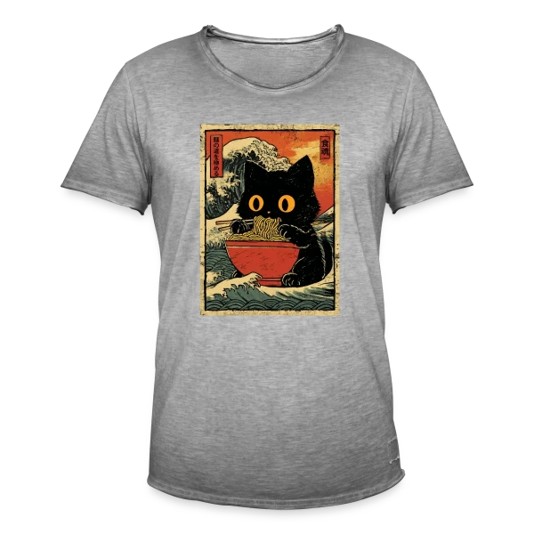 Chat Ramen et Vague Japonaise : L'Art Kawaii sur T-shirt vintage Homme