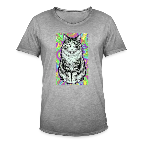 Chat Stylisé Psychédélique sur T-shirt vintage Homme