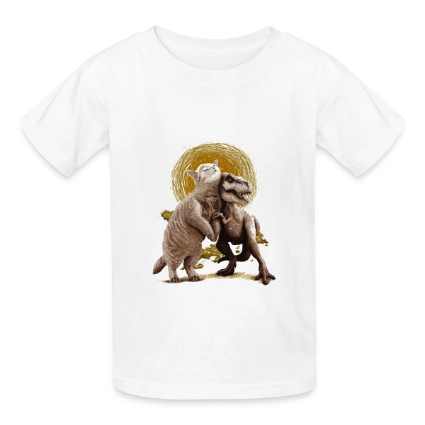 Chats et Dinos Amis : L'Aventure Décalée sur T-shirts Russell Enfant