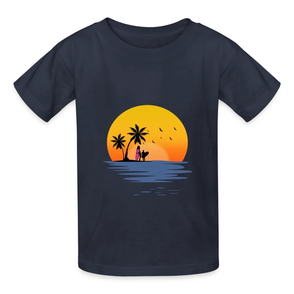 Coucher de Soleil Plage Surfeurs sur T-shirts Russell Enfant