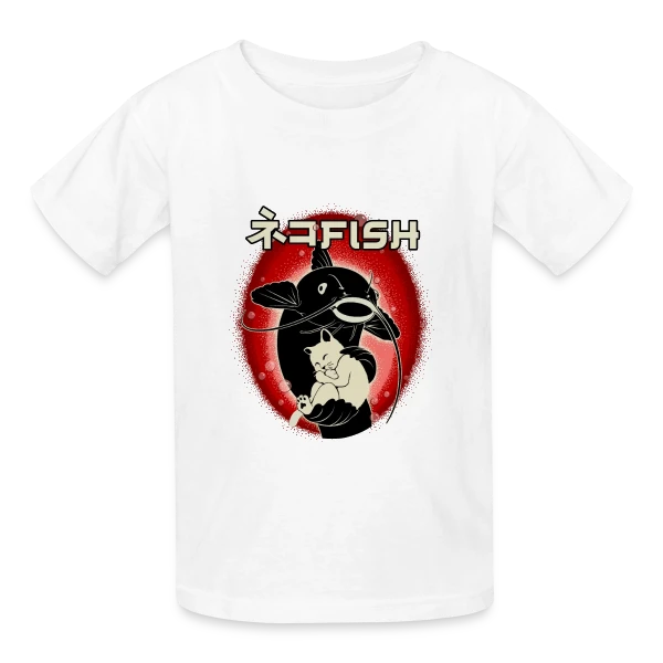 Amitié Insolite : Chat & Poisson-Chat sur T-shirts Russell Enfant