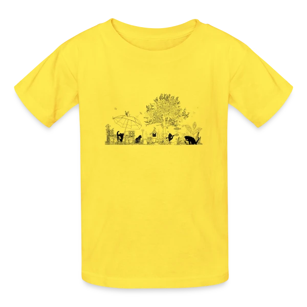 Jardin Luxuriant et Chats Noirs - Dessin Monochrome sur T-shirts Russell Enfant