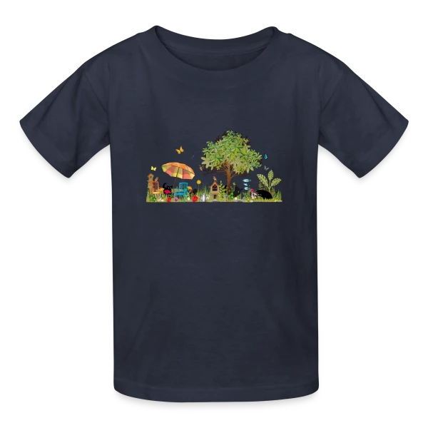Jardin luxuriant et Chats Noirs - Illustration Poétique sur T-shirts Russell Enfant