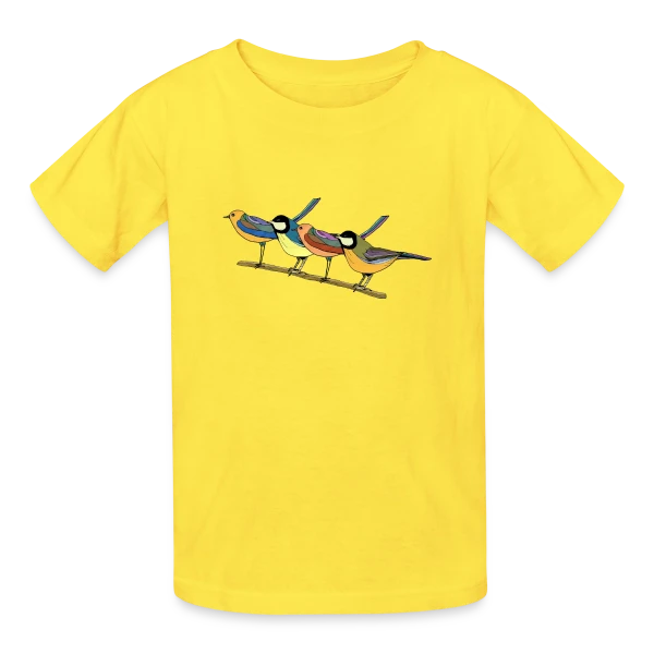 Quatre Oiseaux Colorés sur T-shirts Russell Enfant