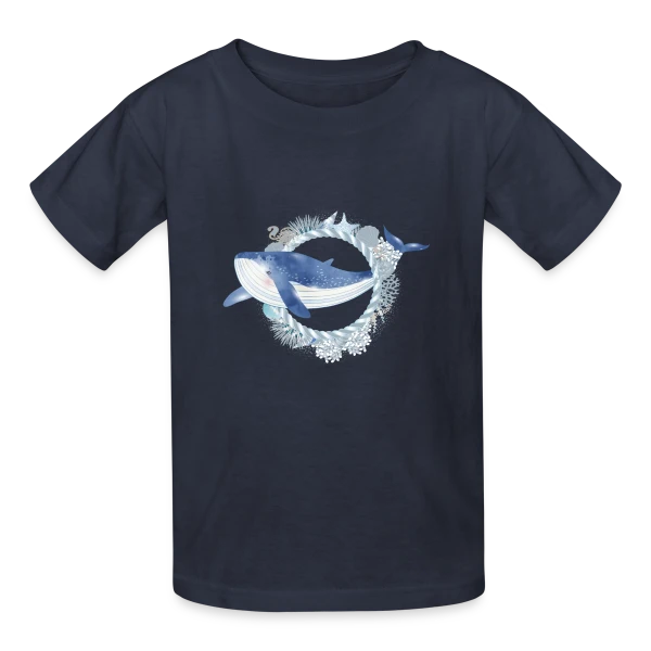 Baleine Bleue et Récif Corallien - Style Aquarelle sur T-shirts Russell Enfant