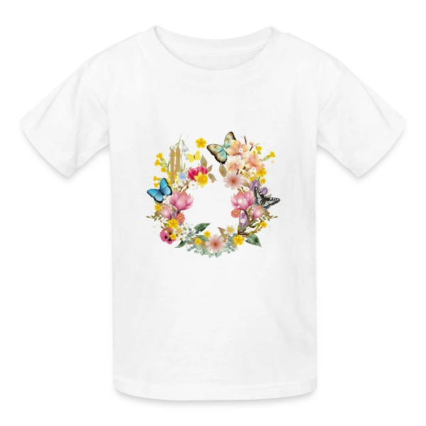 Éclosion Printanière : Fleurs et Papillons Colorés sur T-shirts Russell Enfant