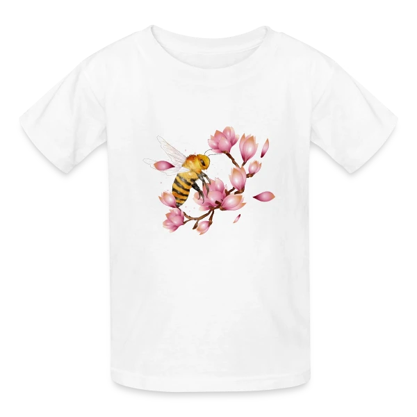 Abeille Volante et Magnolias – Dessin Main Élégant sur T-shirts Russell Enfant