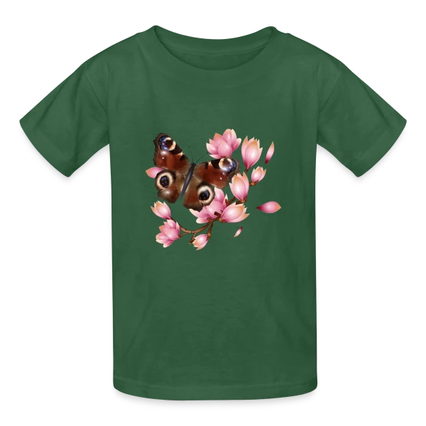 Papillon Paon et Magnolia Rose : Élégance Naturelle sur T-shirts Russell Enfant