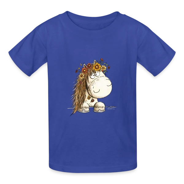 Cheval Adorable avec Couronne de Fleurs - Cartoon sur T-shirts Russell Enfant