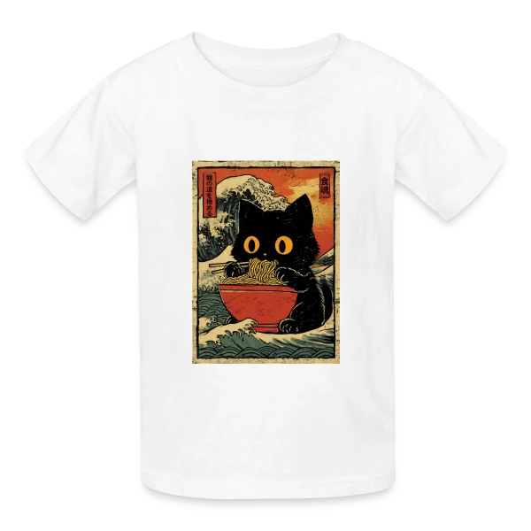 Chat Ramen et Vague Japonaise : L'Art Kawaii sur T-shirts Russell Enfant
