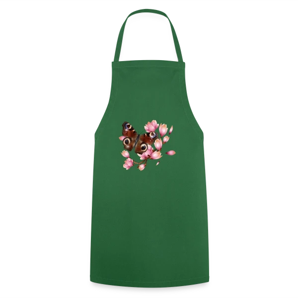 Papillon Paon et Magnolia Rose : Élégance Naturelle sur Tablier de cuisine