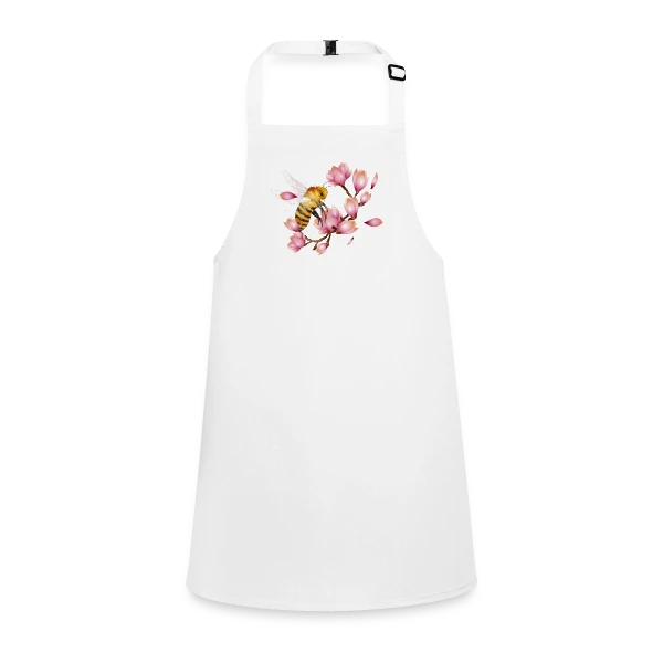 Abeille Volante et Magnolias – Dessin Main Élégant sur Tablier Enfant